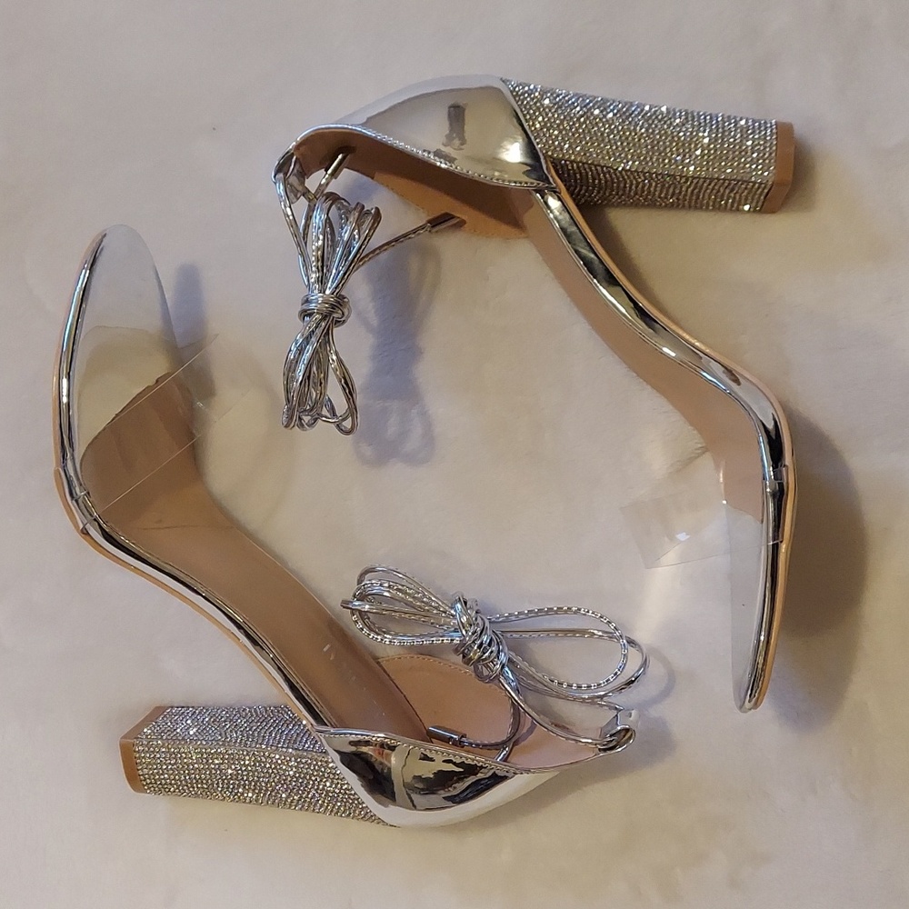 Rhinestone & silver block high heels by Lala Ikaì